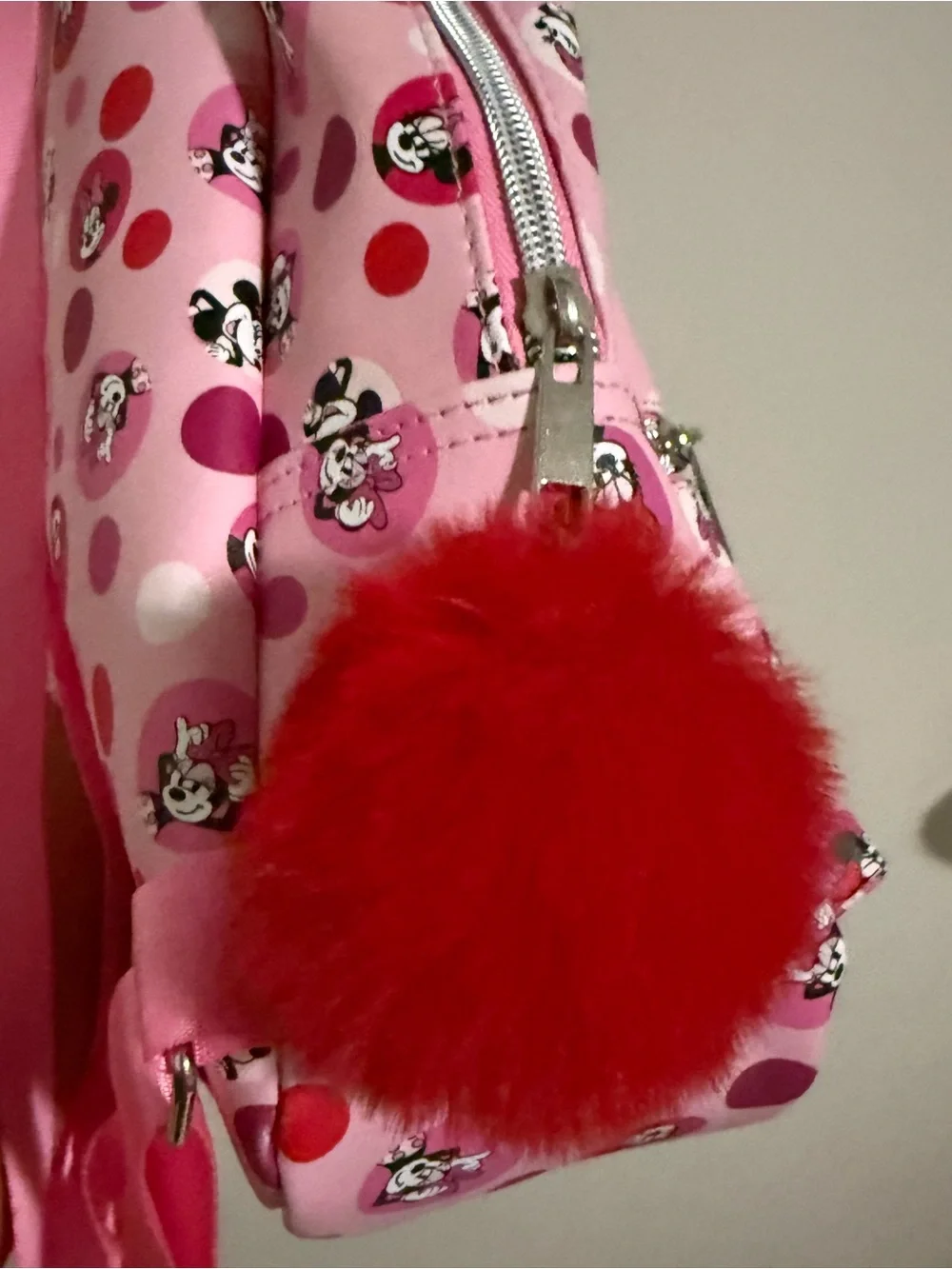 Disney Pink Minnie Mouse Polka Dot Kids Backpack with Pom-Pom Charm
